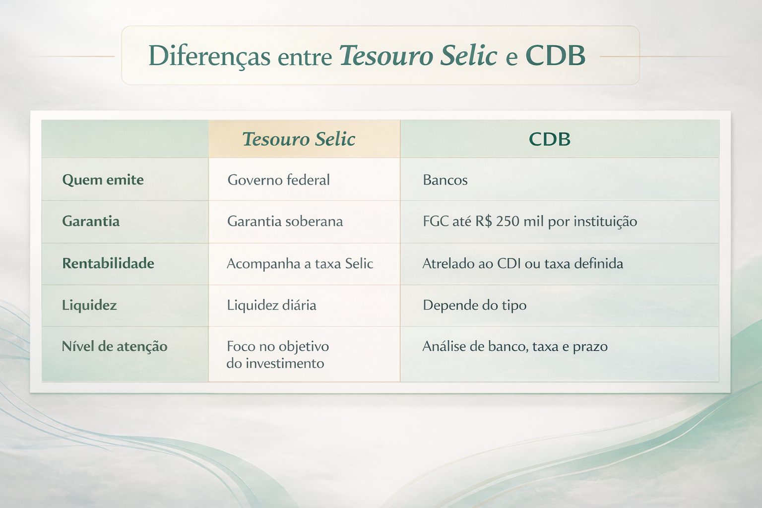 Tabela comparativa mostrando as diferenças entre Tesouro Selic e CDB em termos de garantia, rentabilidade e liquidez.