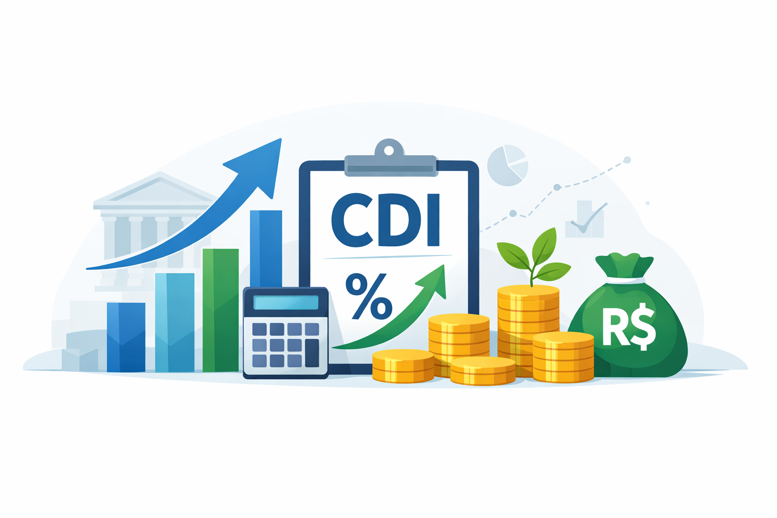 Ilustração financeira do CDI com gráfico de crescimento, moedas e saco de reais