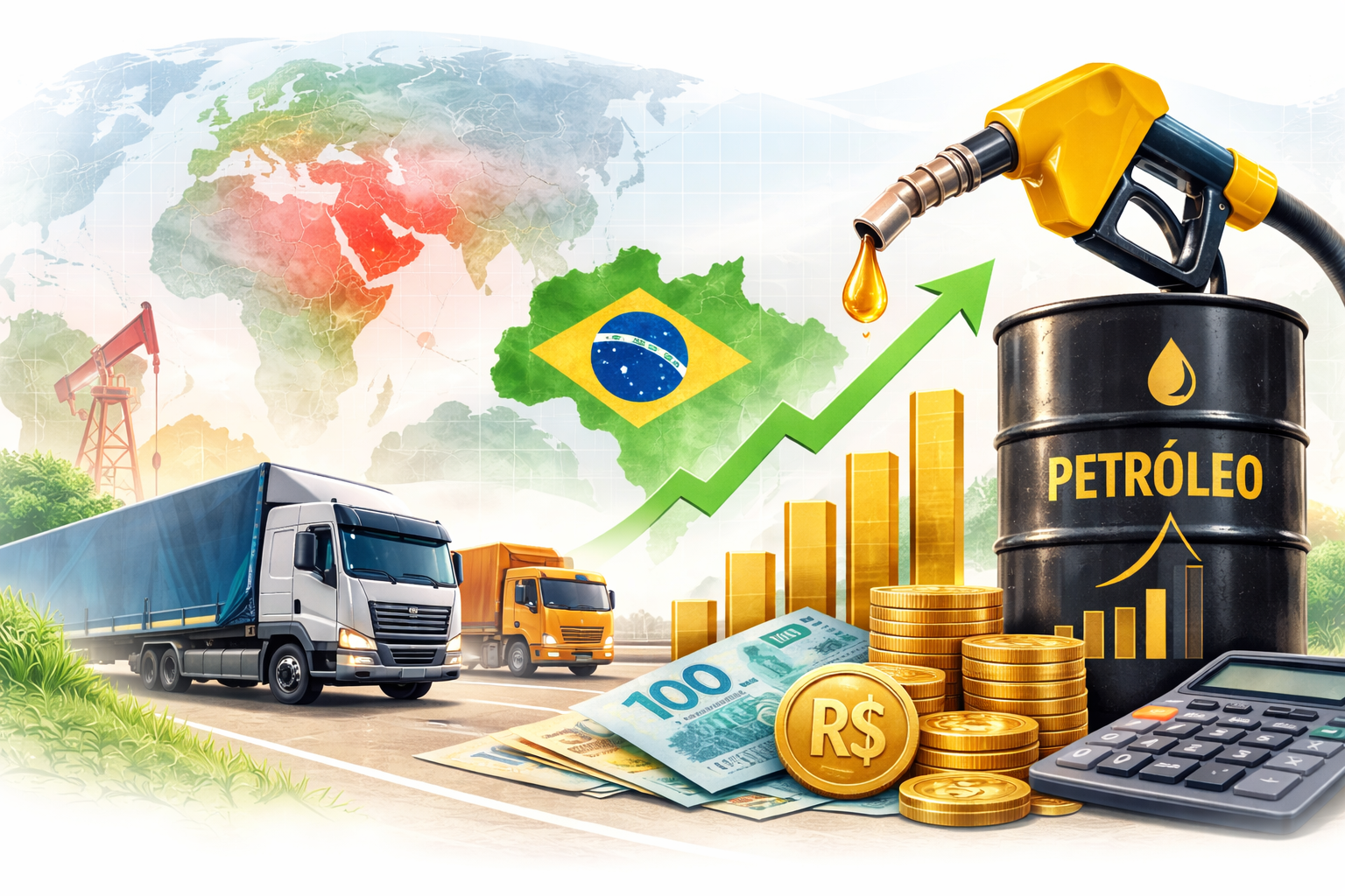 Ilustração mostrando aumento do preço do petróleo e impacto na gasolina
