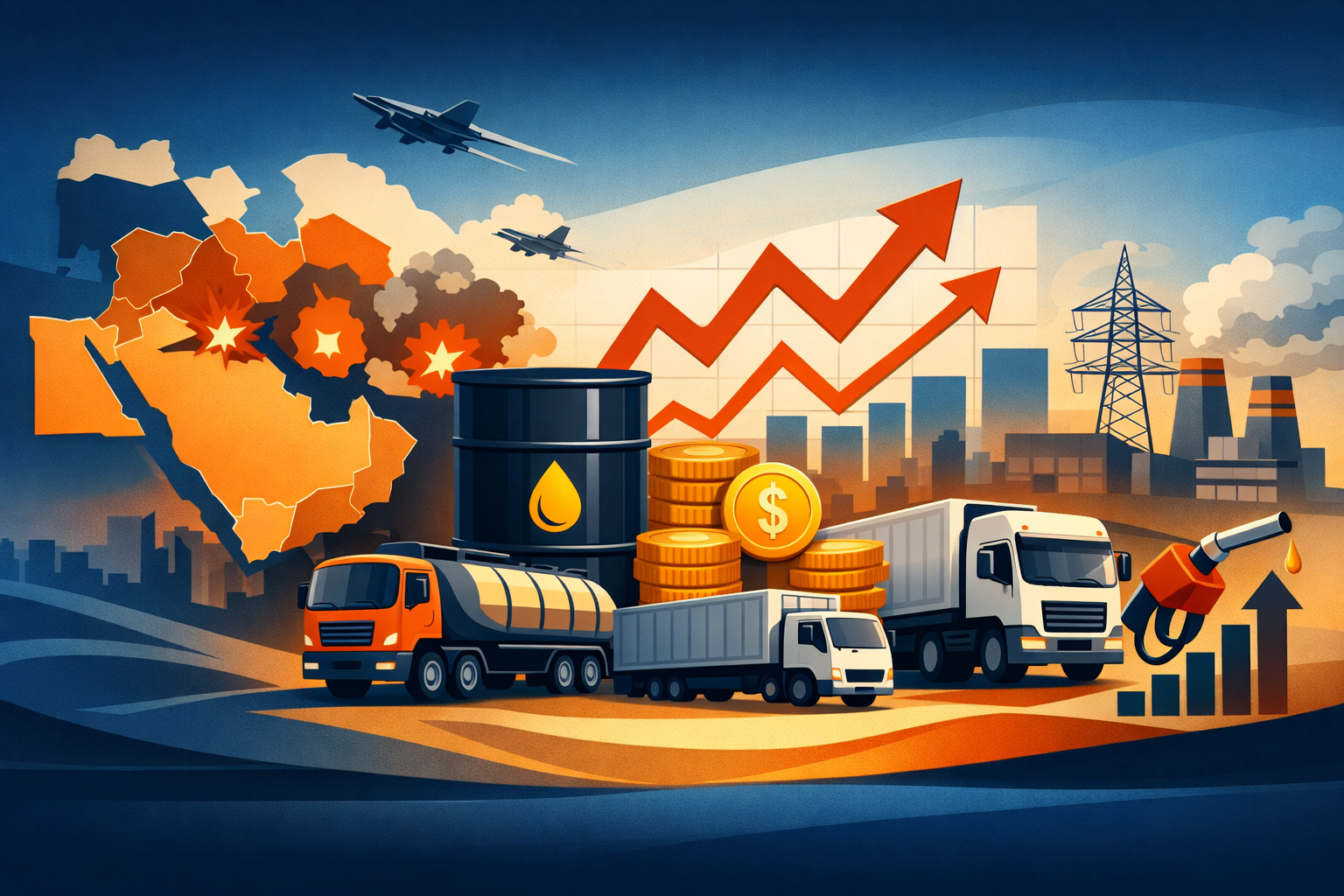 Ilustração do aumento dos preços globais do petróleo devido ao conflito no Oriente Médio
