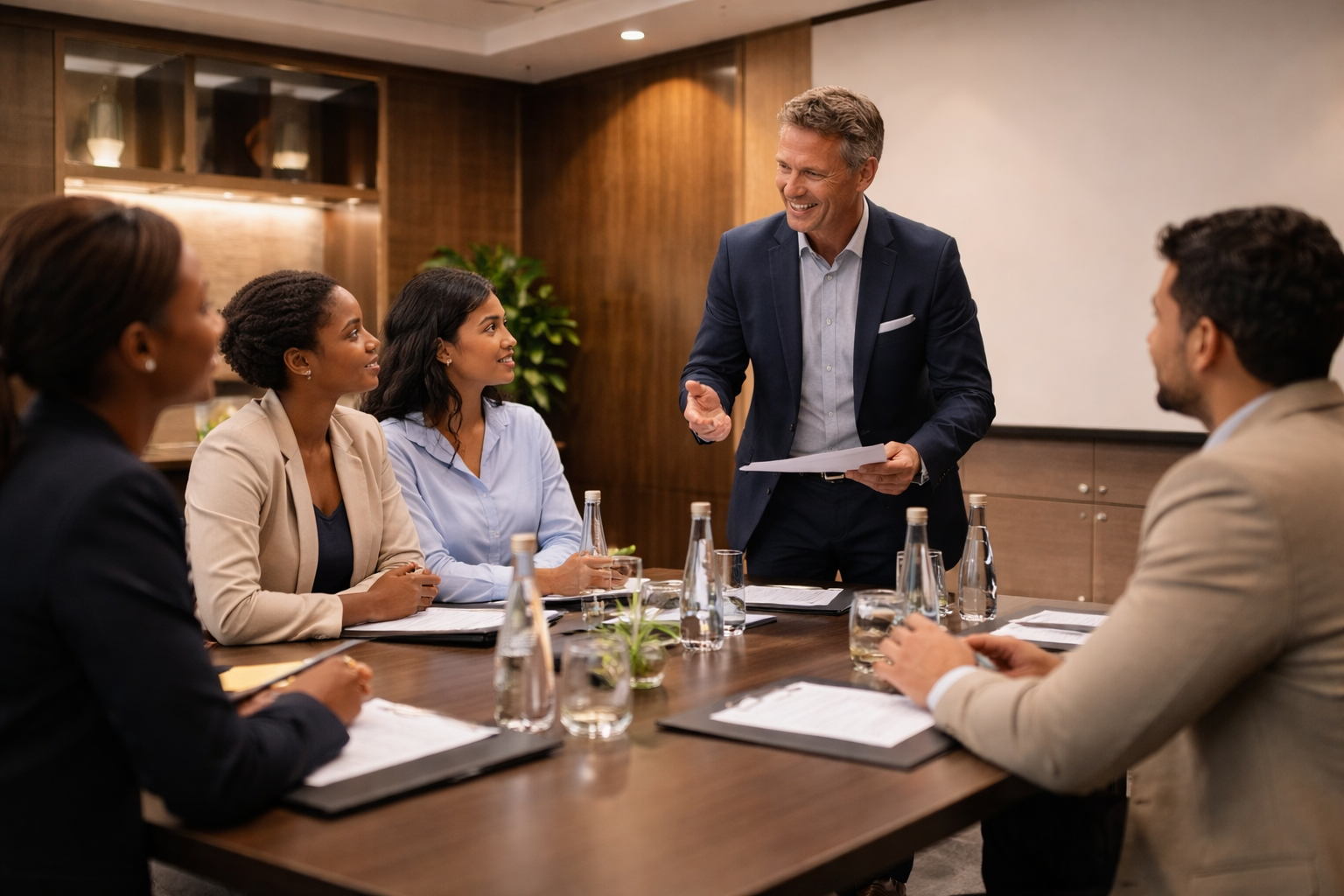 Hospitality consultant leading meeting with hotel management team in conference room
