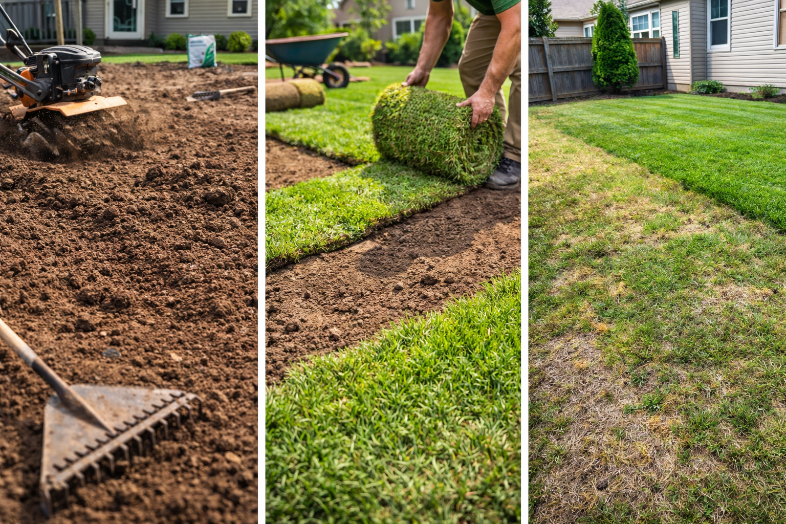 Professional sod installation transforming a damaged lawn into a healthy green yard in Garner NC.