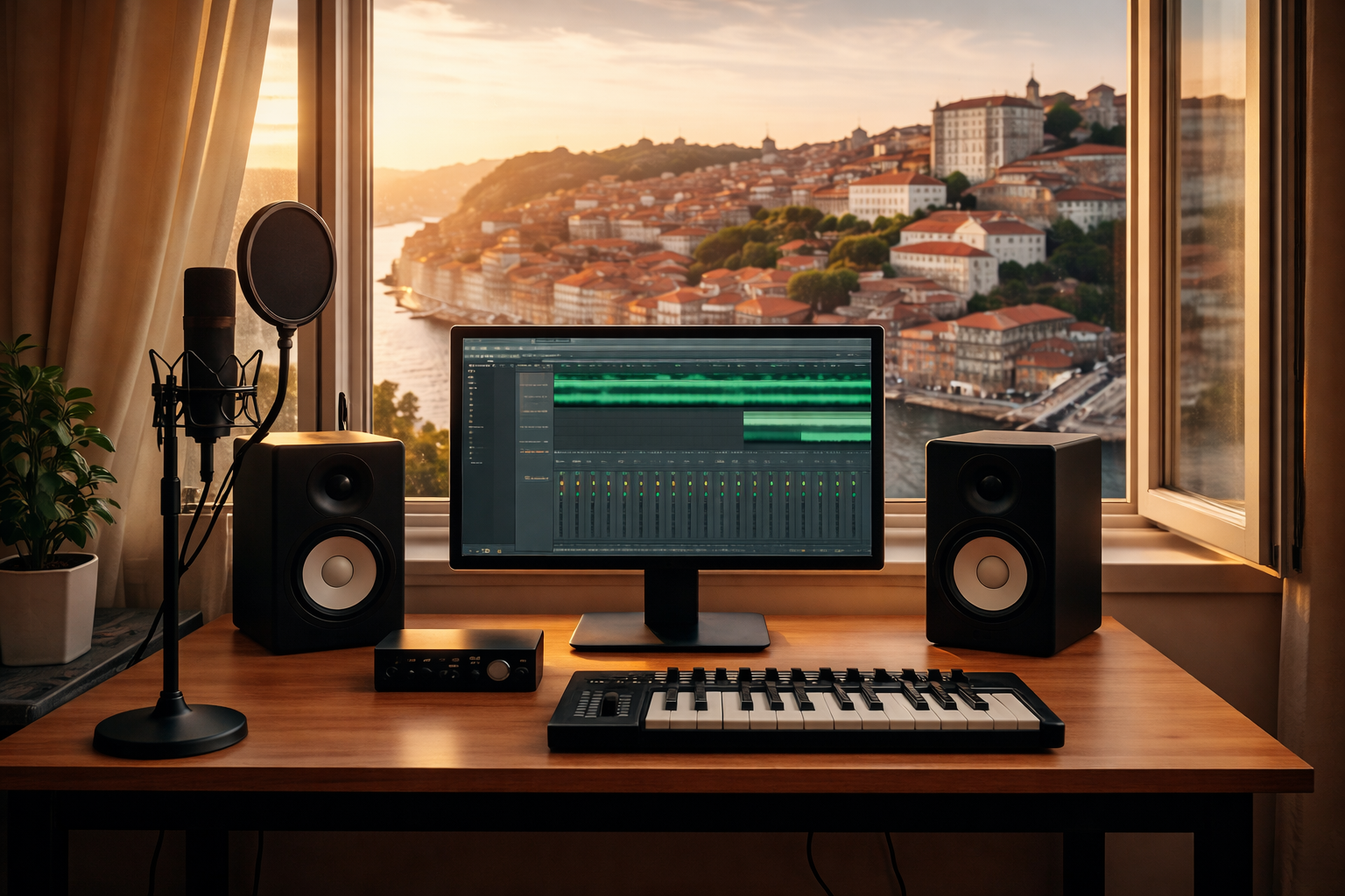 um monitor de computador e um teclado sobre uma mesa
