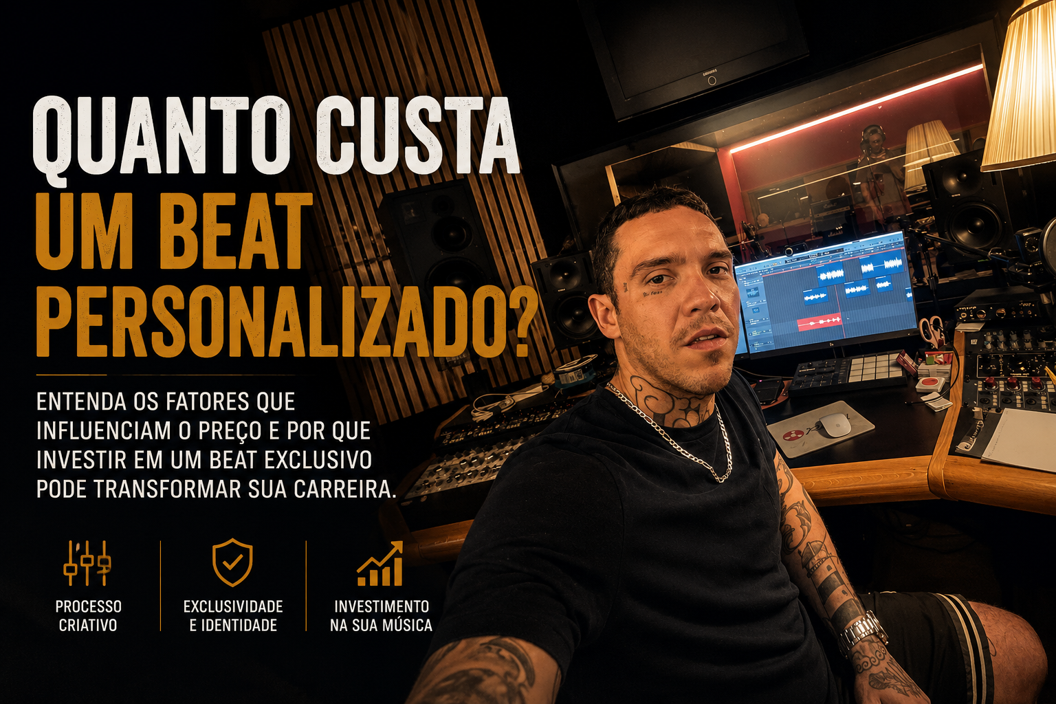 Produtor musical desenvolvendo um beat personalizado em estúdio para um artista.