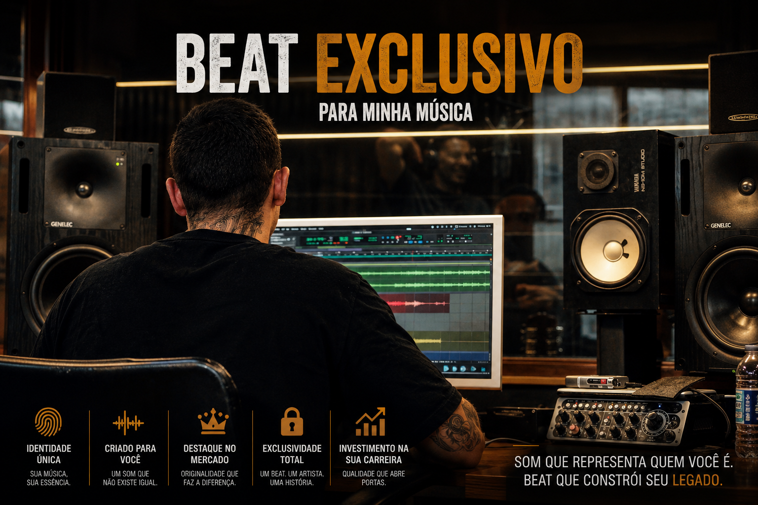 Produtor musical desenvolvendo um beat exclusivo para um artista em estúdio.