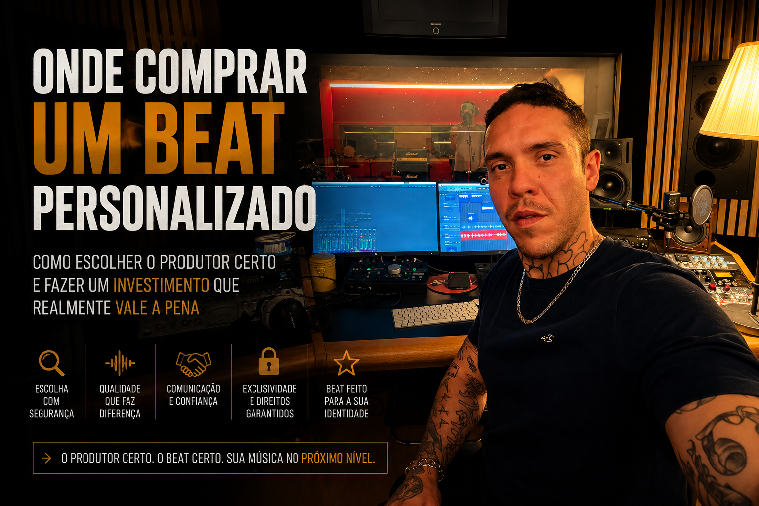 Artista conversando com um produtor musical durante a criação de um beat personalizado.