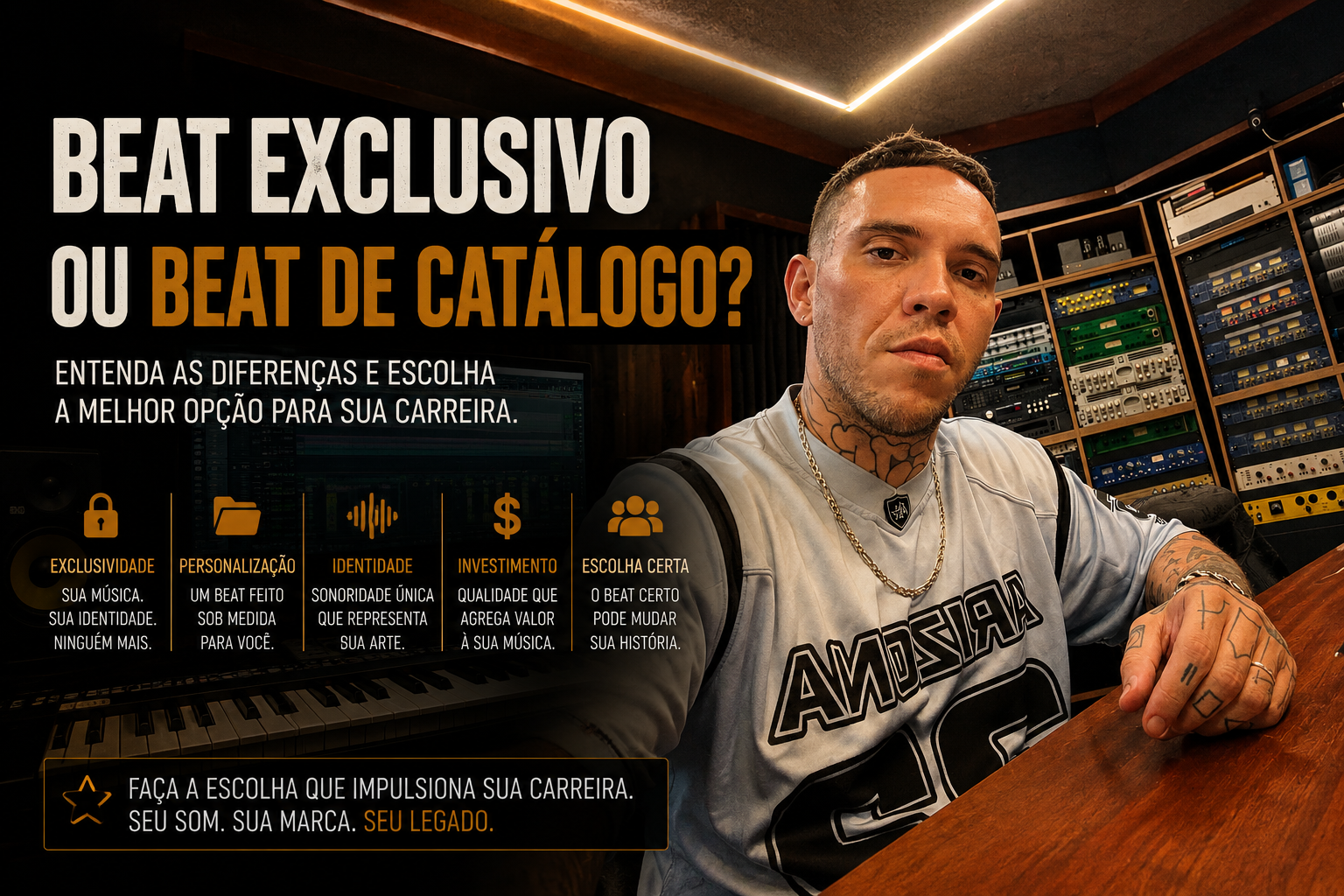 Artista comparando um beat exclusivo e um beat de catálogo antes de iniciar um projeto musical.