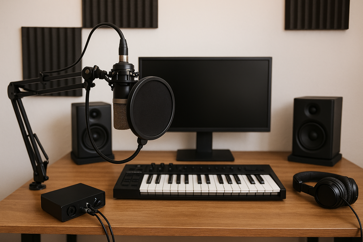 um microfone e um teclado em um estúdio de gravação