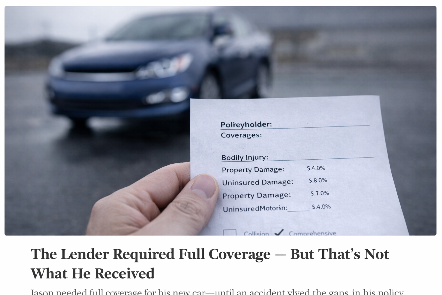 Auto insurance policy document showing missing collision coverage while financed vehicle