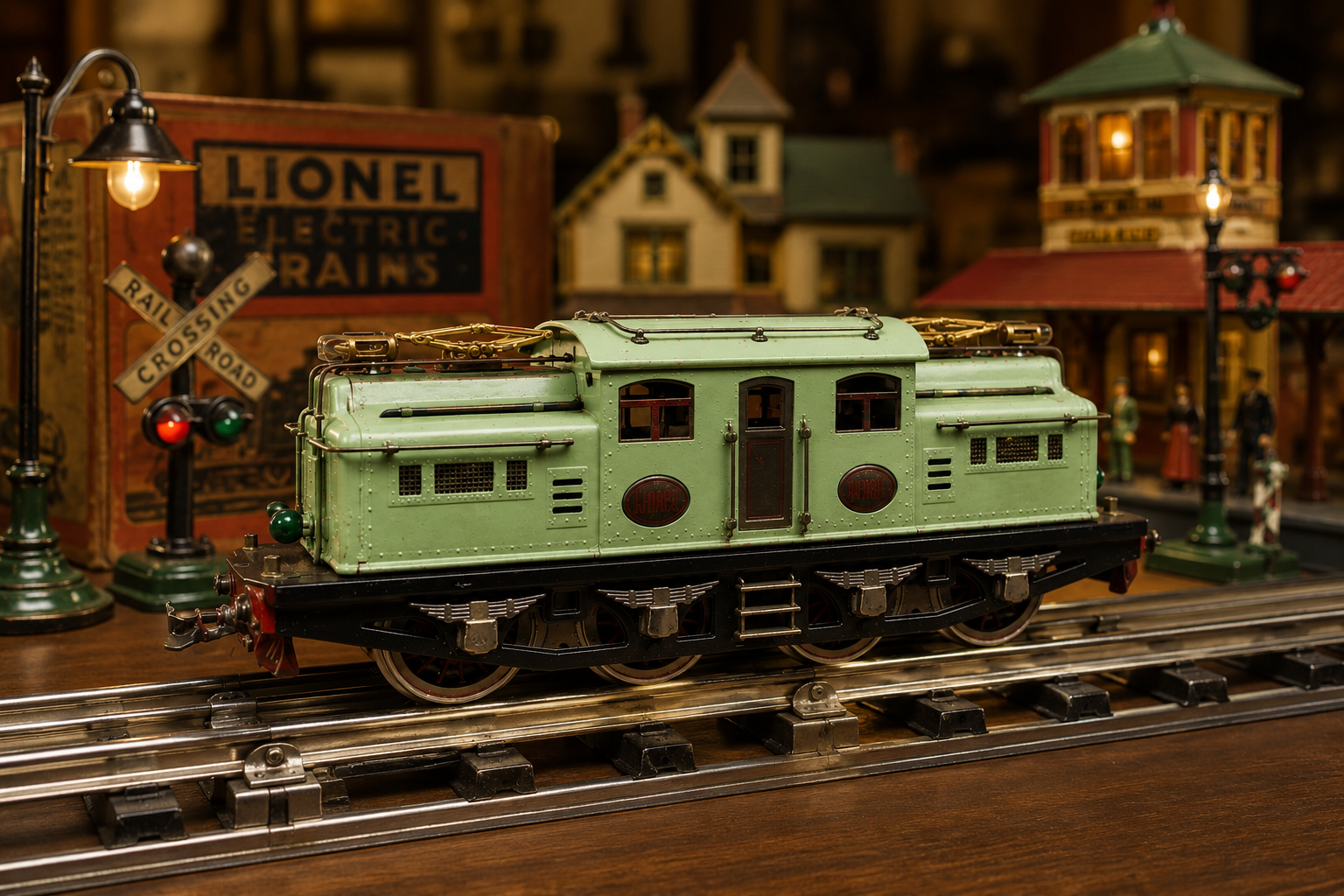 Vintage Lionel electric locomotive displayed on track with model railroad buildings behind it.