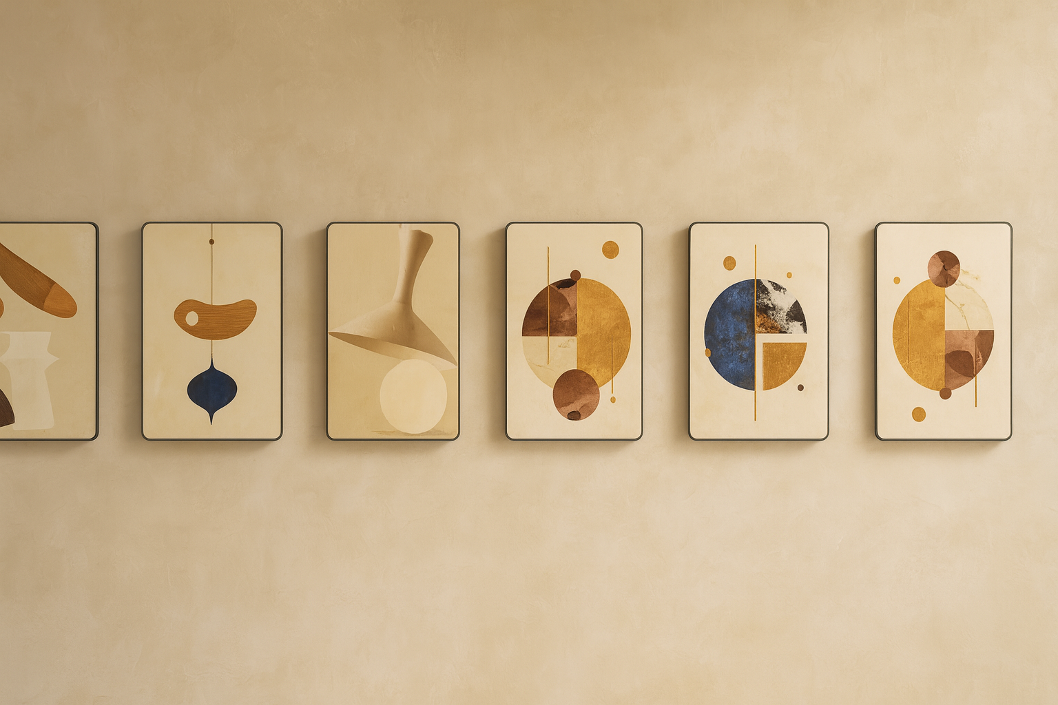 Six framed mid-century modern abstract wall art prints displayed in a row on a neutral beige wall.