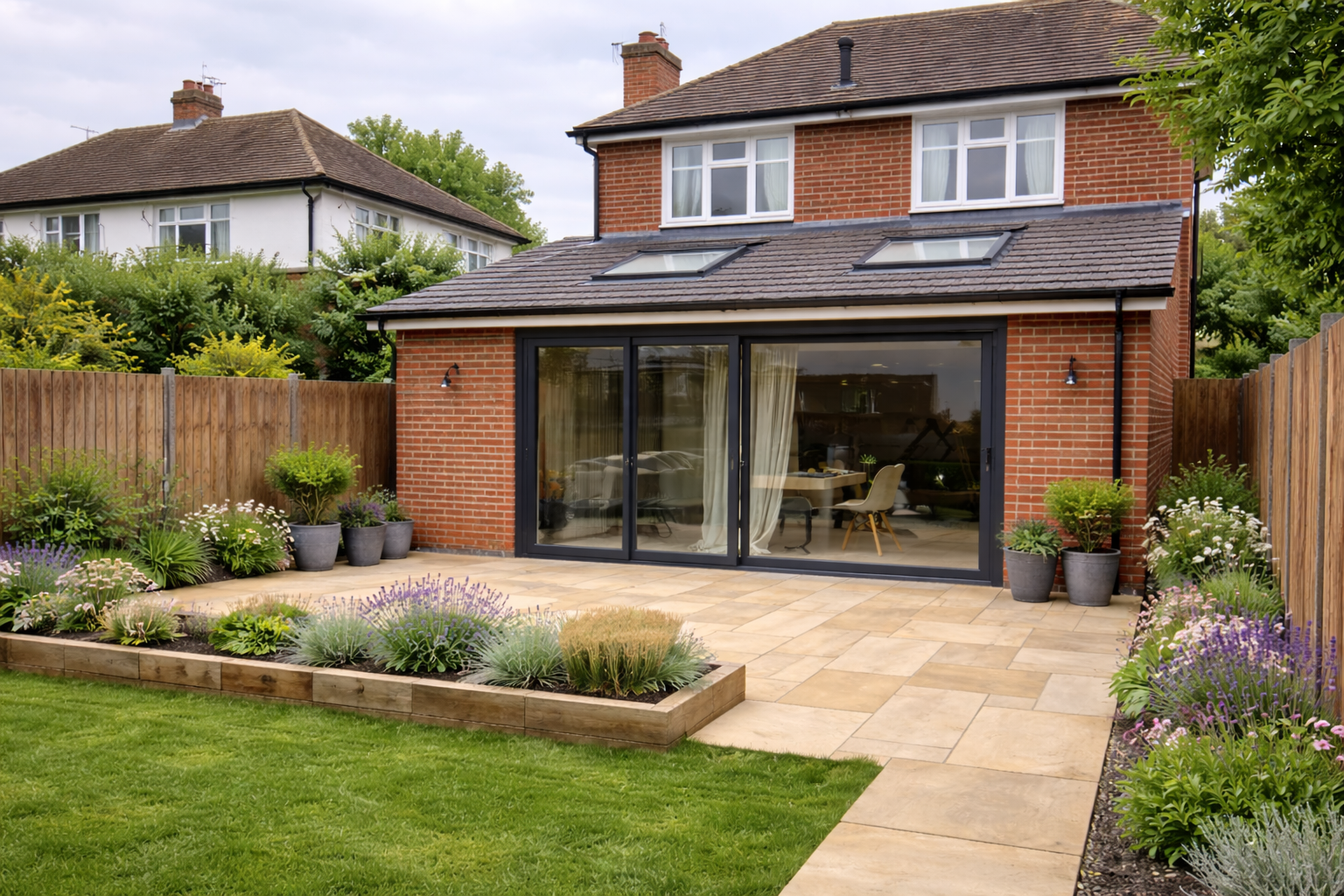 A high-quality rear home extension in Brighton featuring large anthracite grey sliding glass doors, 