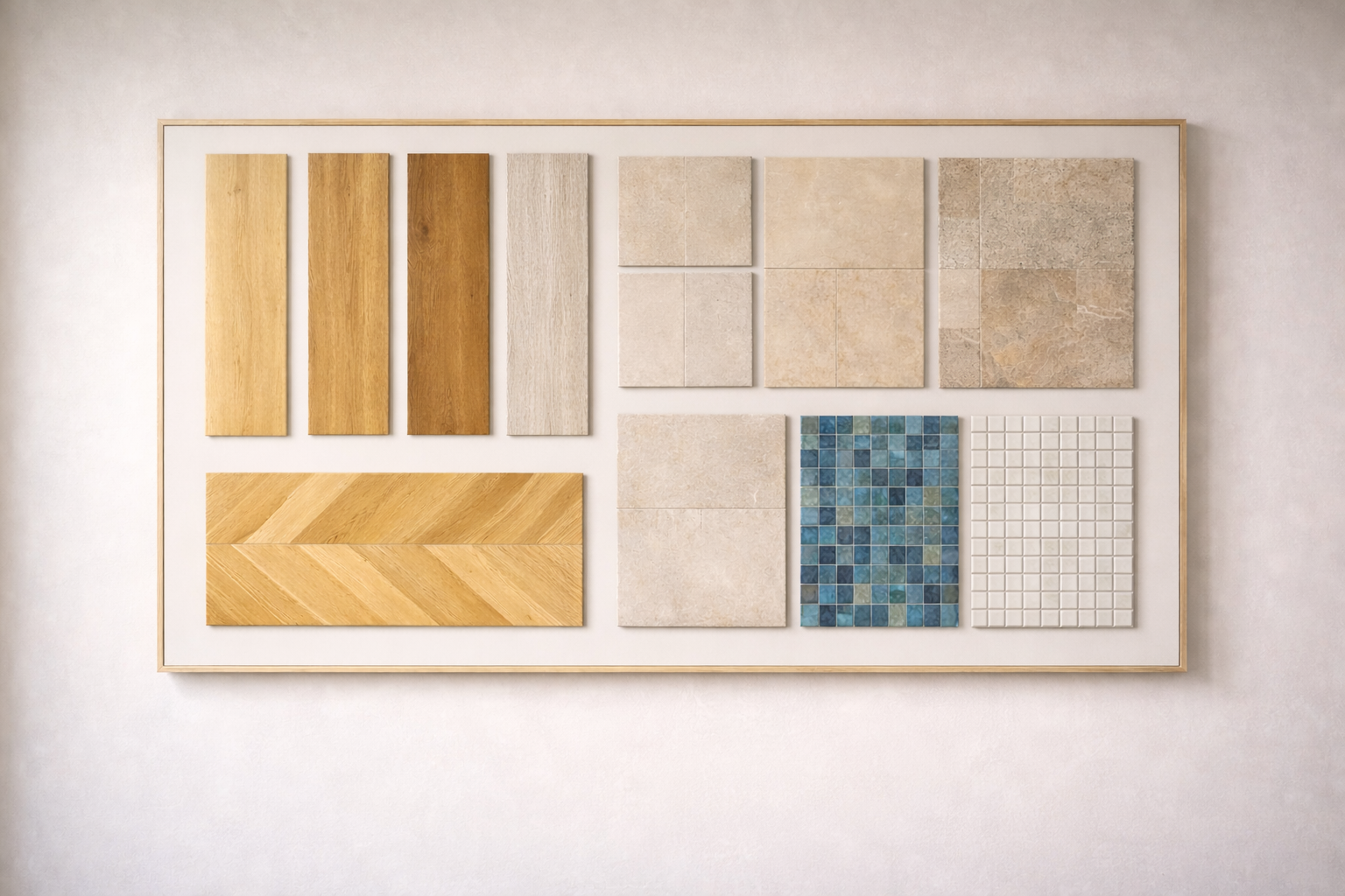 Palette de matériaux intérieurs de la Résidence Santini comprenant parquets, carrelages et faïences 