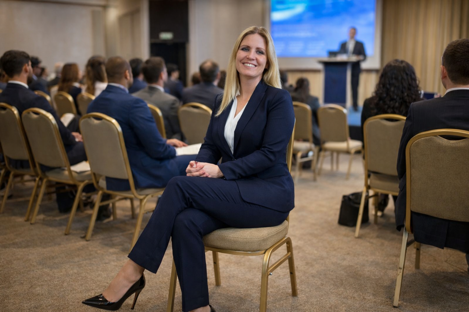 Smiling businesswoman in a navy suit attending a professional corporate conference seminar.