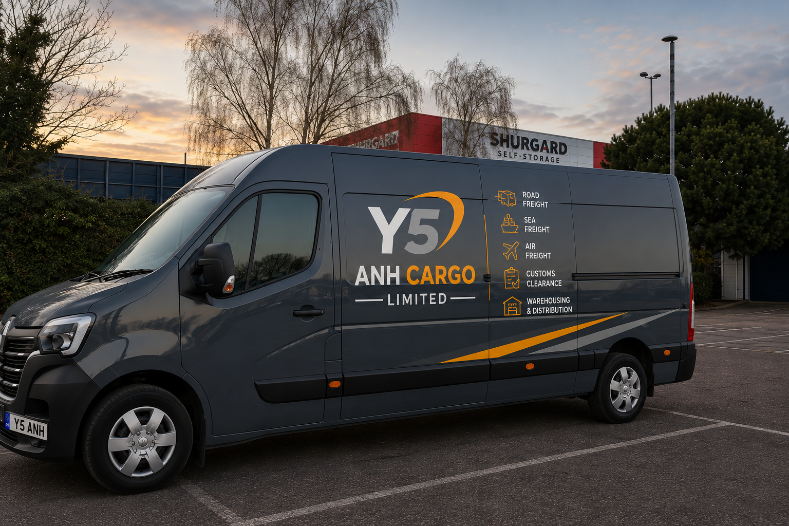 A grey ANH Cargo Limited delivery van parked outside a Shurgard self-storage facility at sunset.