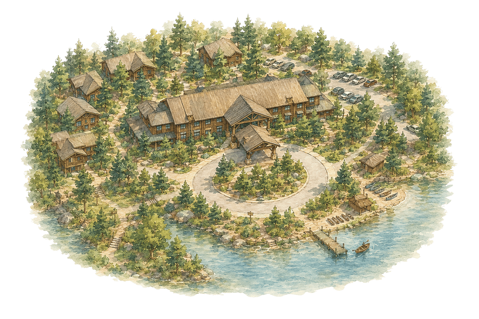 A watercolor illustration of a rustic mountain resort with wooden lodges and pine trees by a lake.