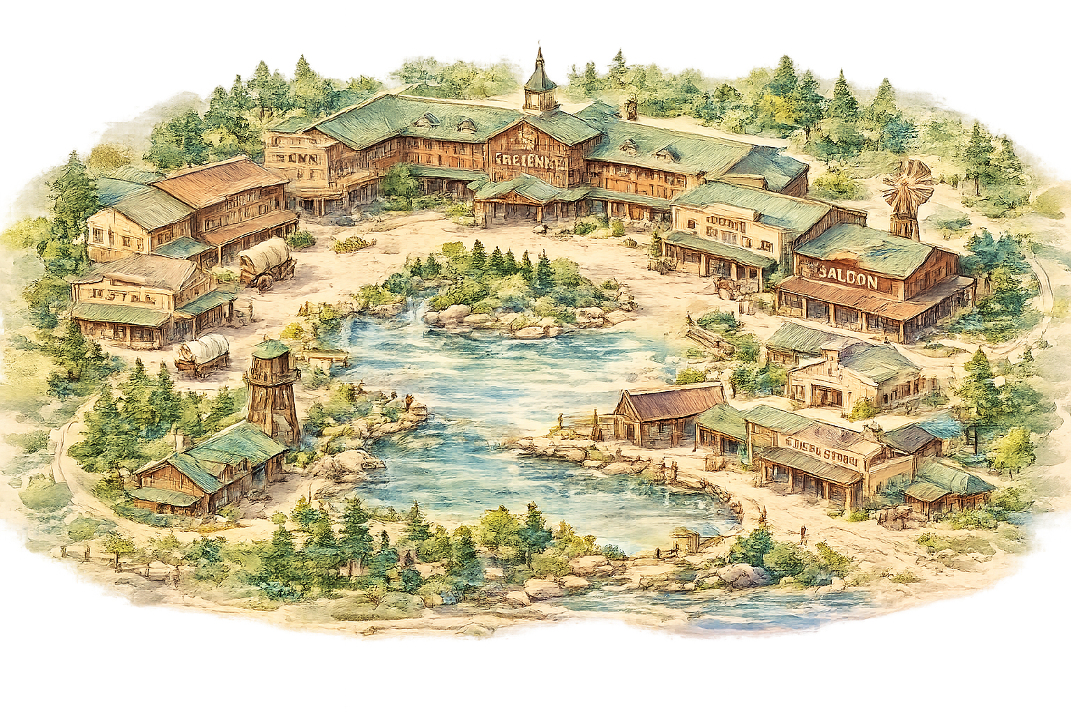 Vintage illustration of a Wild West town map featuring a saloon, hotel, and lake.