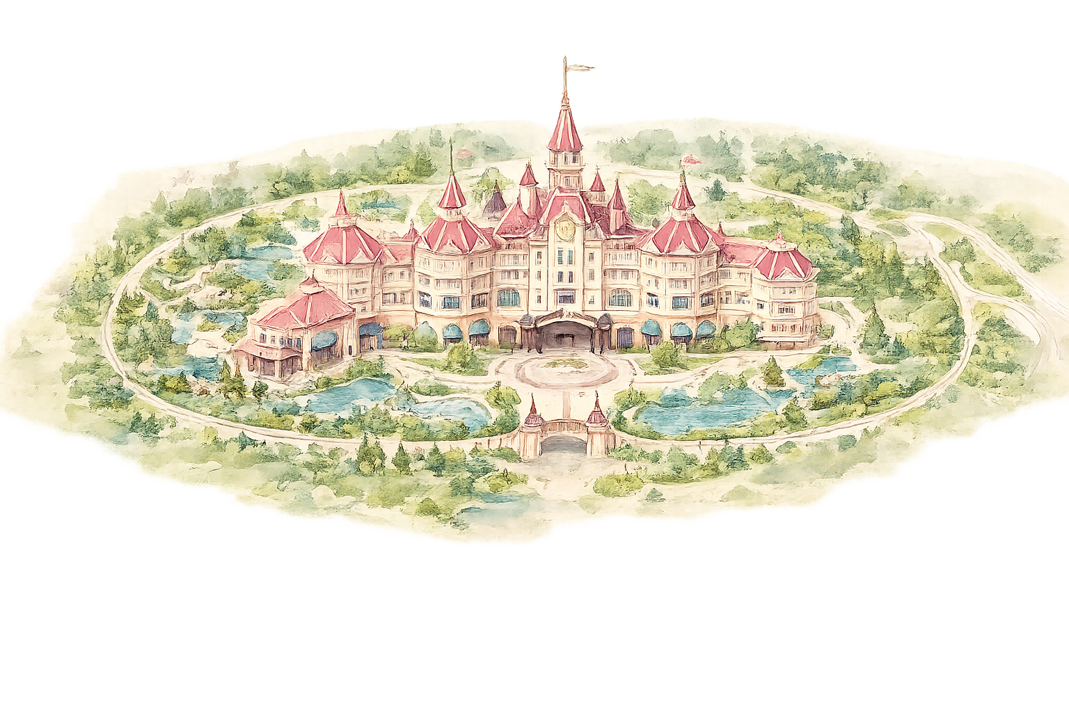 Watercolor illustration of a fairy tale castle with pink roofs, turrets, and surrounding gardens with ponds and paths.