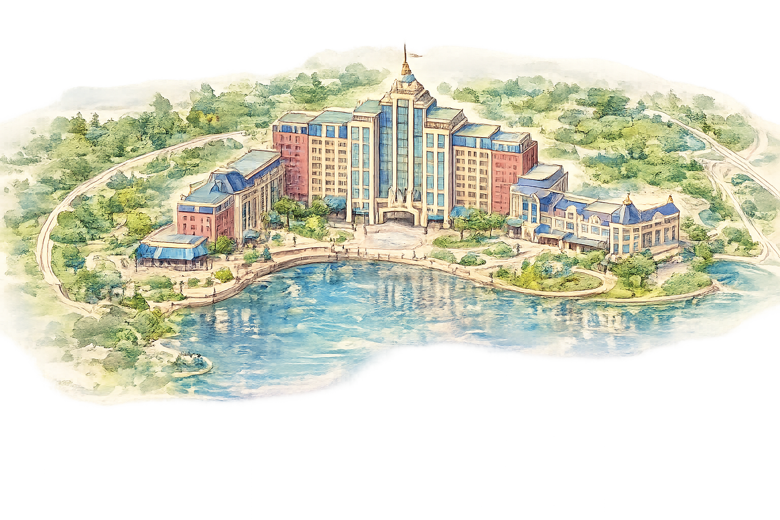 Watercolor architectural rendering of a luxury lakefront resort hotel with blue roofs and lush green gardens.