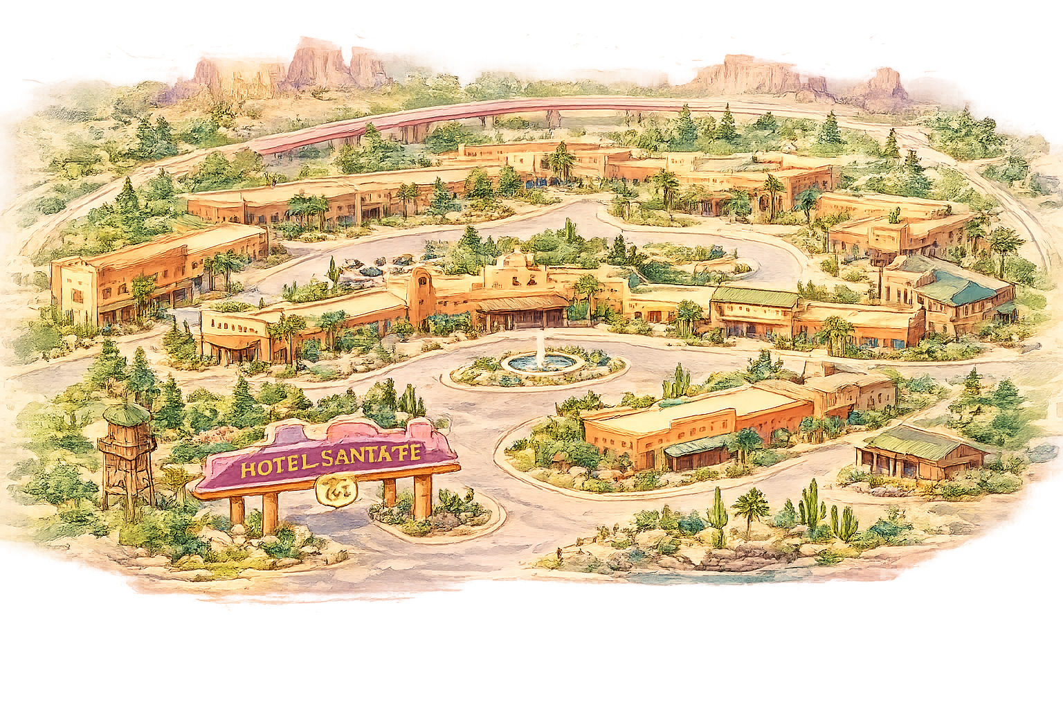 Aerial watercolor illustration of Hotel Santa Fe buildings with desert landscaping and a central fountain.
