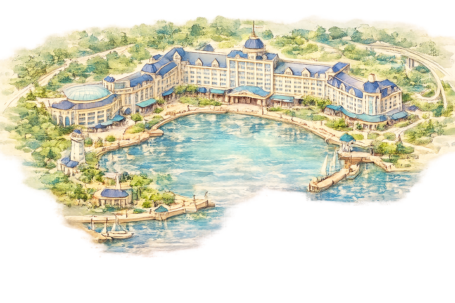 Watercolor concept art of a luxury waterfront resort with a blue lake, lighthouse, and pier.