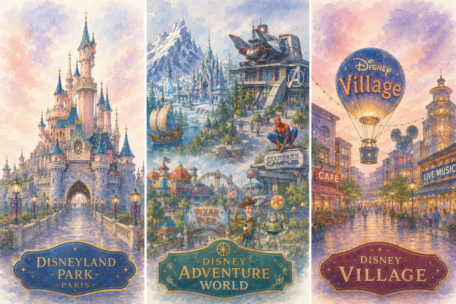 Watercolor posters of Disneyland Park Paris, Disney Adventure World, and Disney Village landmarks.