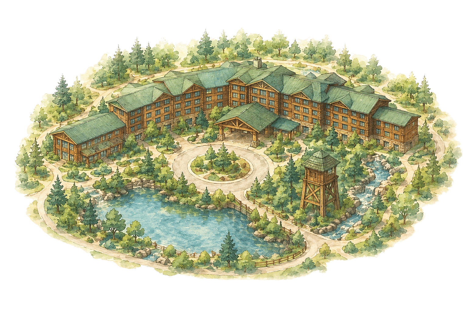 Watercolor illustration of a mountain resort lodge with a scenic pond, pine trees, and rustic architecture.