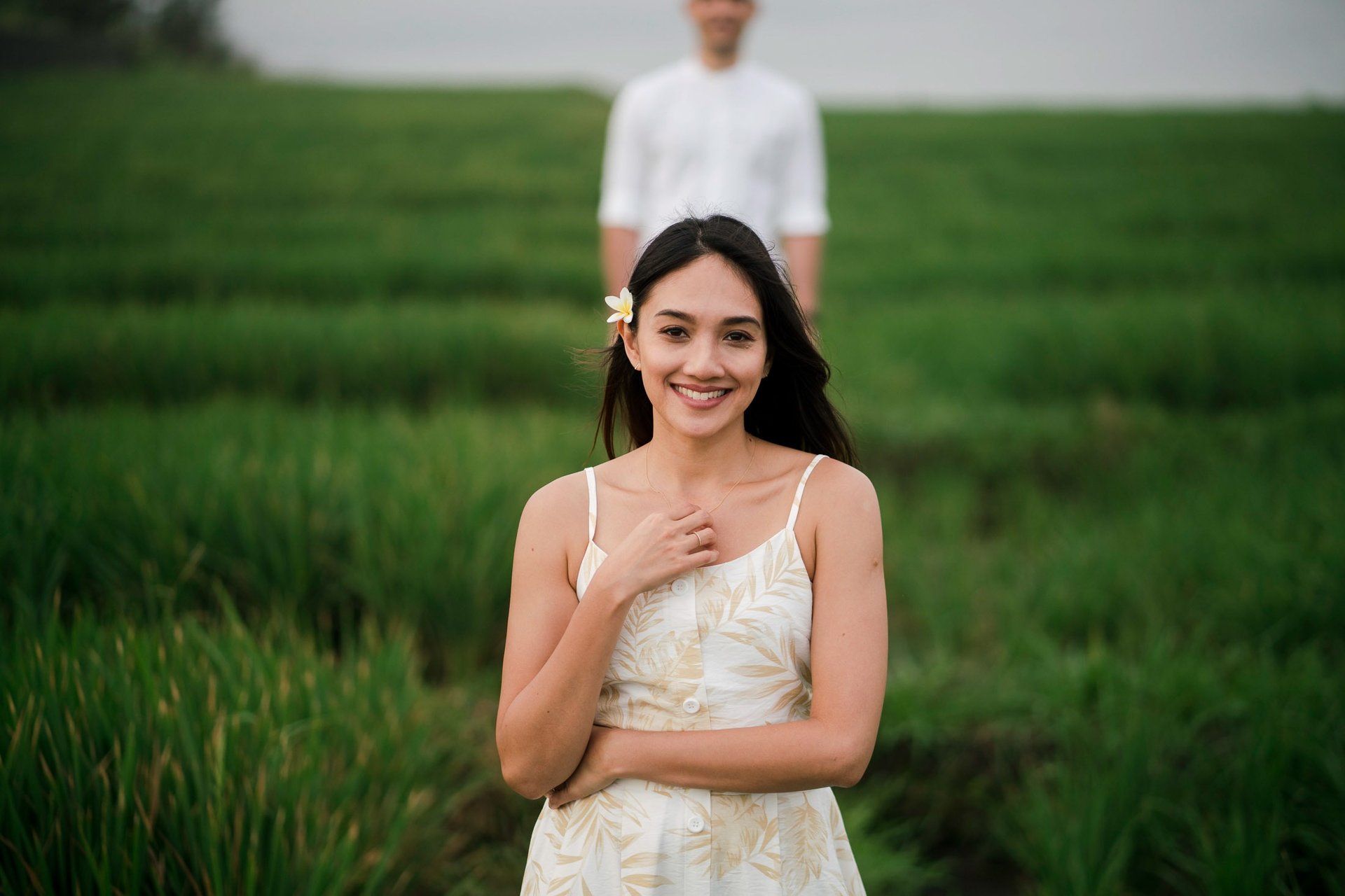 Close portrait of bride in rice field at Waka Gangga luxury resort in West Bali