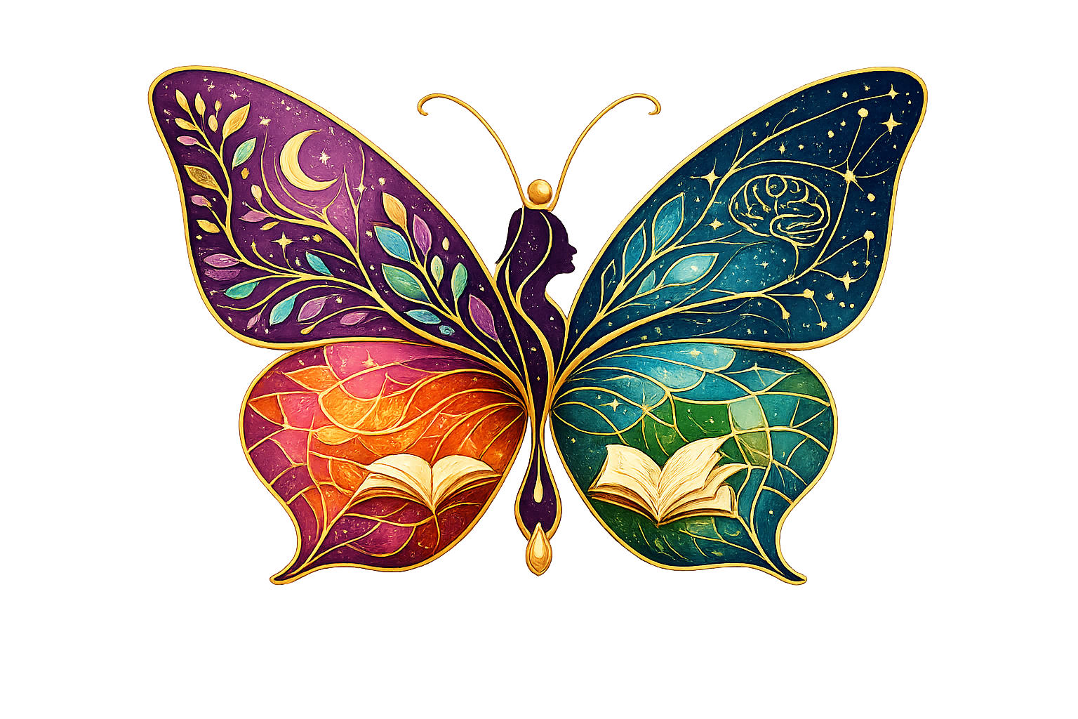 Uma obra de arte colorida em forma de borboleta, apresentando símbolos celestiais e livros abertos e