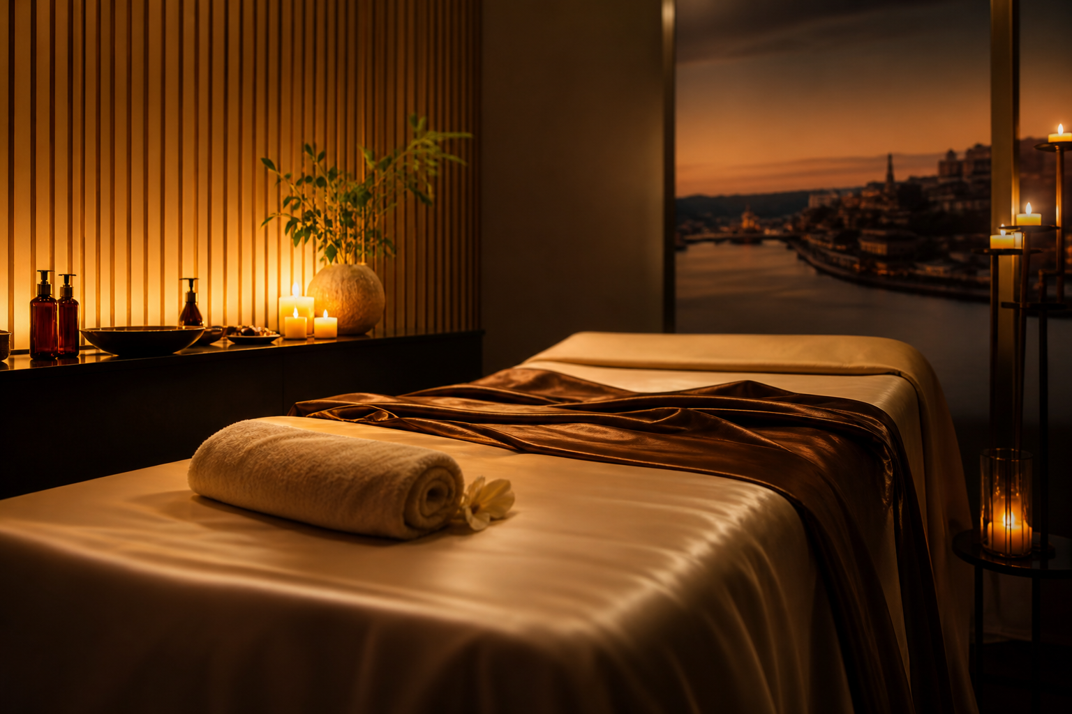Ambiente elegante preparado para massagem sensual e erótica no Porto com iluminação suave e atmosfera relaxante.