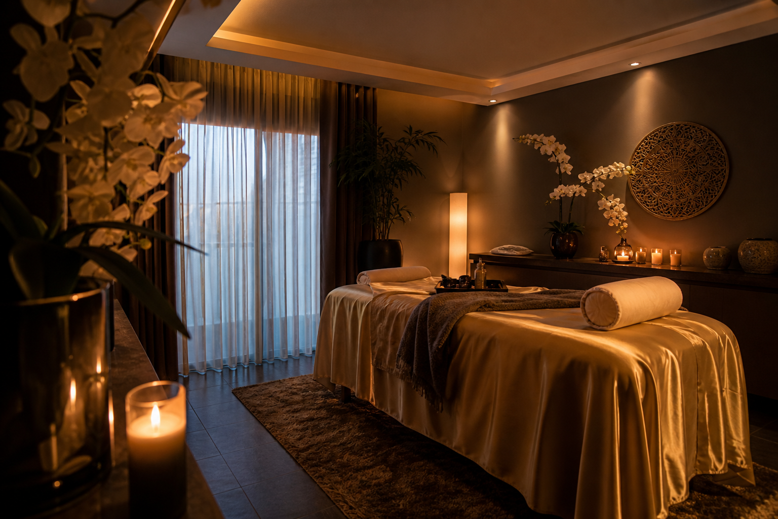 Ambiente sofisticado para massagem tântrica no Porto com iluminação suave e atmosfera relaxante.