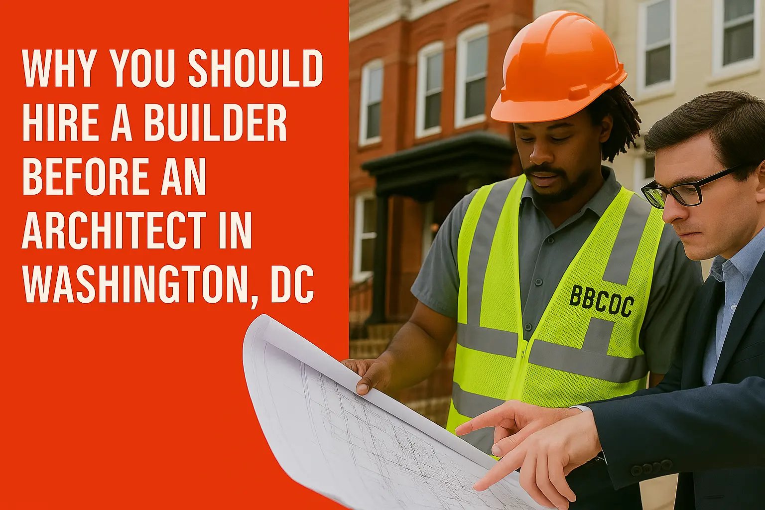 A general contractor and architect reviewing renovation plans in front of Washington, DC rowhouses with text overlay reading 