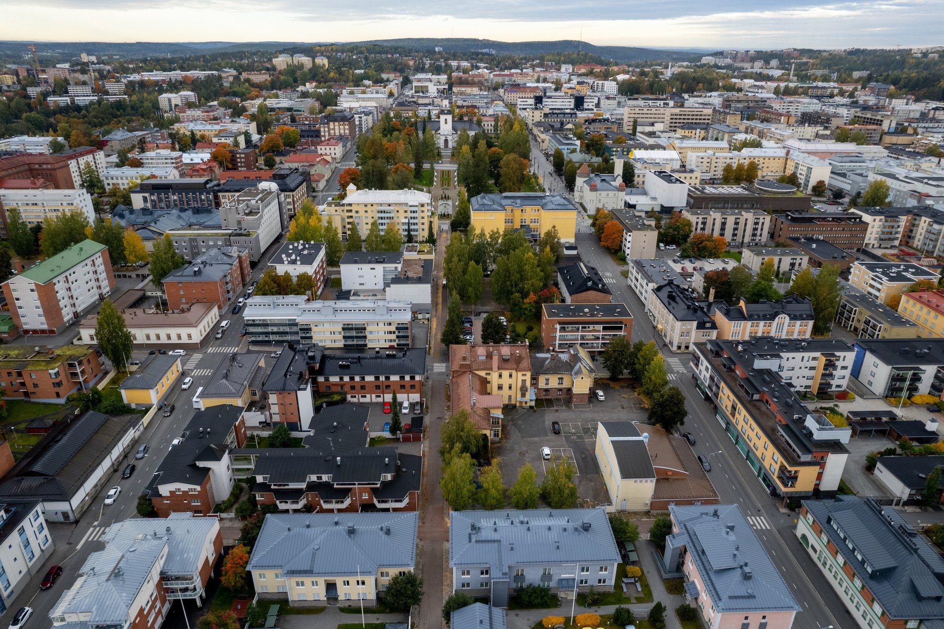 Drone aerial scenery of the city of Kuopio eastern finland Europe. Skyline and street view of the town