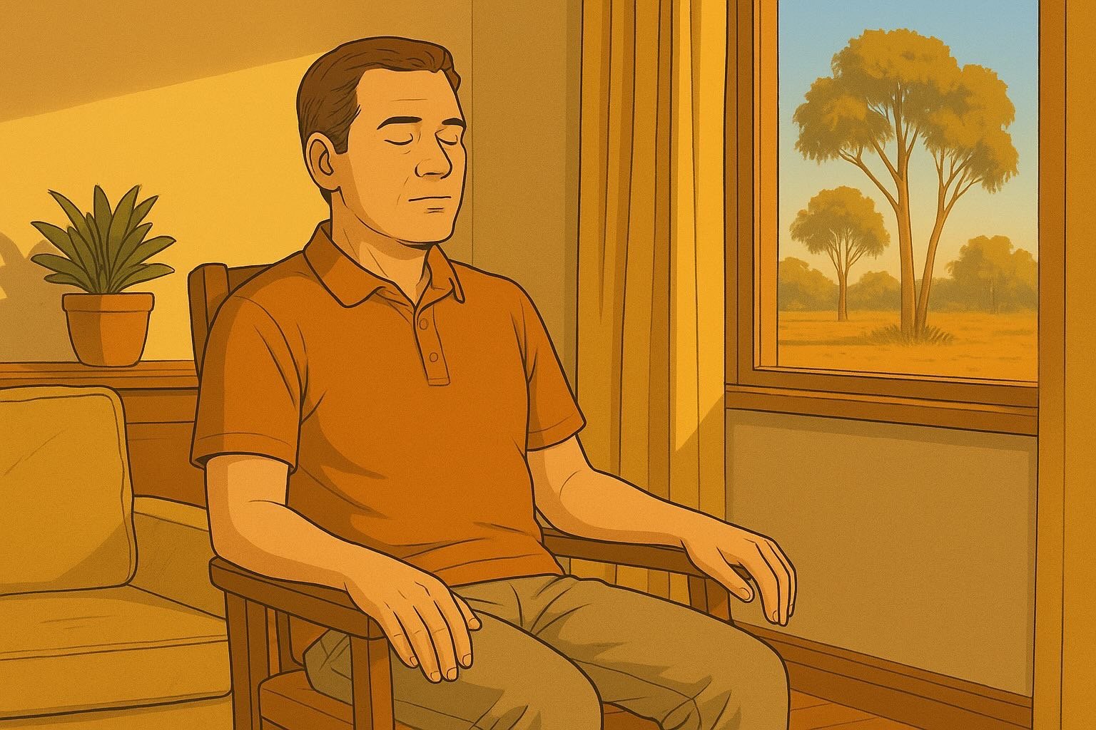 Man practising PMR sitting on a chair indoors, warm morning light, gum trees outside, calm face and relaxed posture.