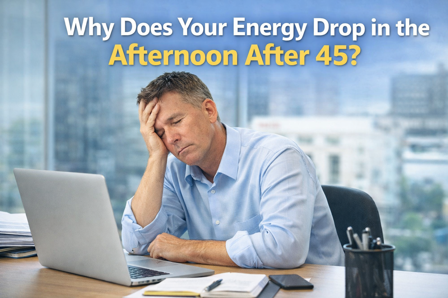 Man in his 50s feeling afternoon fatigue at work representing the common energy crash many adults experience after 45