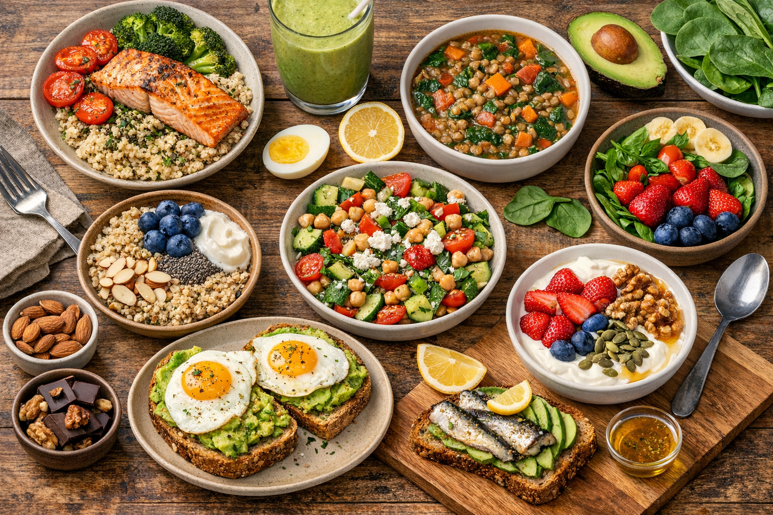 Healthy meals with eggs, salmon, avocado, oats and vegetables that support energy and vitality after age 45