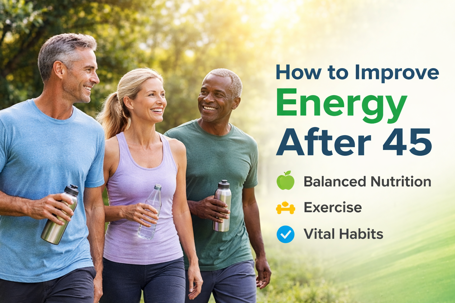 Active adults over 45 walking outdoors representing healthy habits that help improve energy after 45