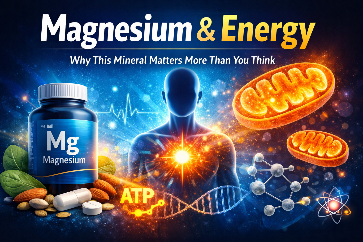 Magnesium supplement and cellular energy illustration showing how magnesium supports ATP production