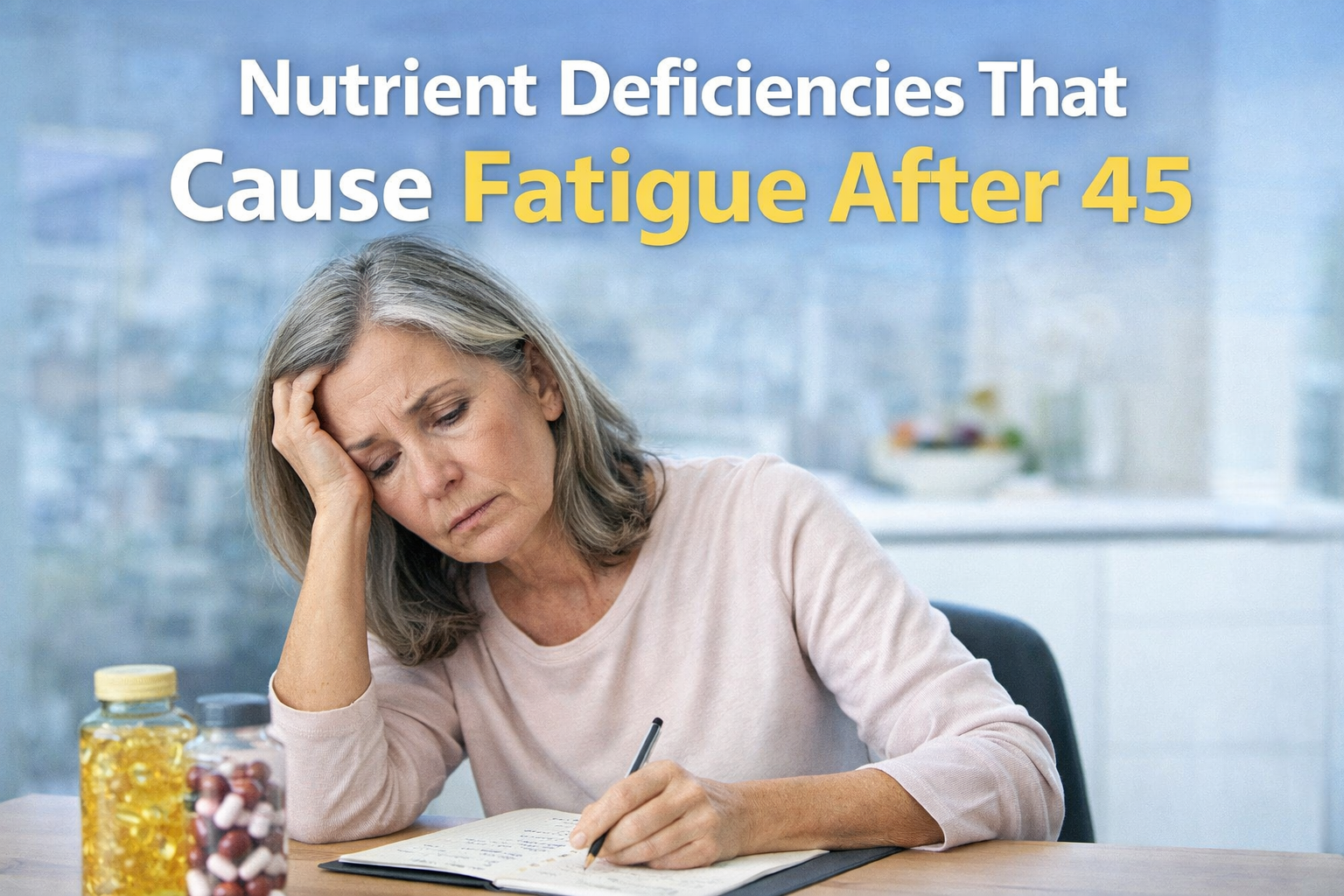 Woman over 50 looking tired reviewing nutrition notes representing nutrient deficiencies that may cause fatigue after 45