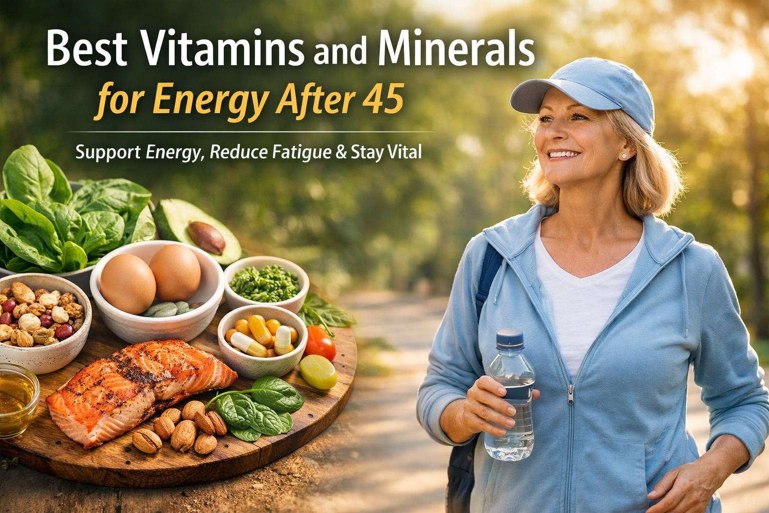 Active woman over 50 walking outdoors with foods rich in vitamins and minerals that support energy after 45
