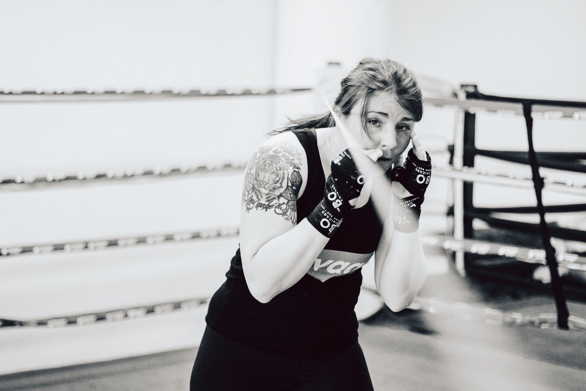 Pro Boxer Sarah "Savage" French, black and white digital photo by Jasmin Huitzil