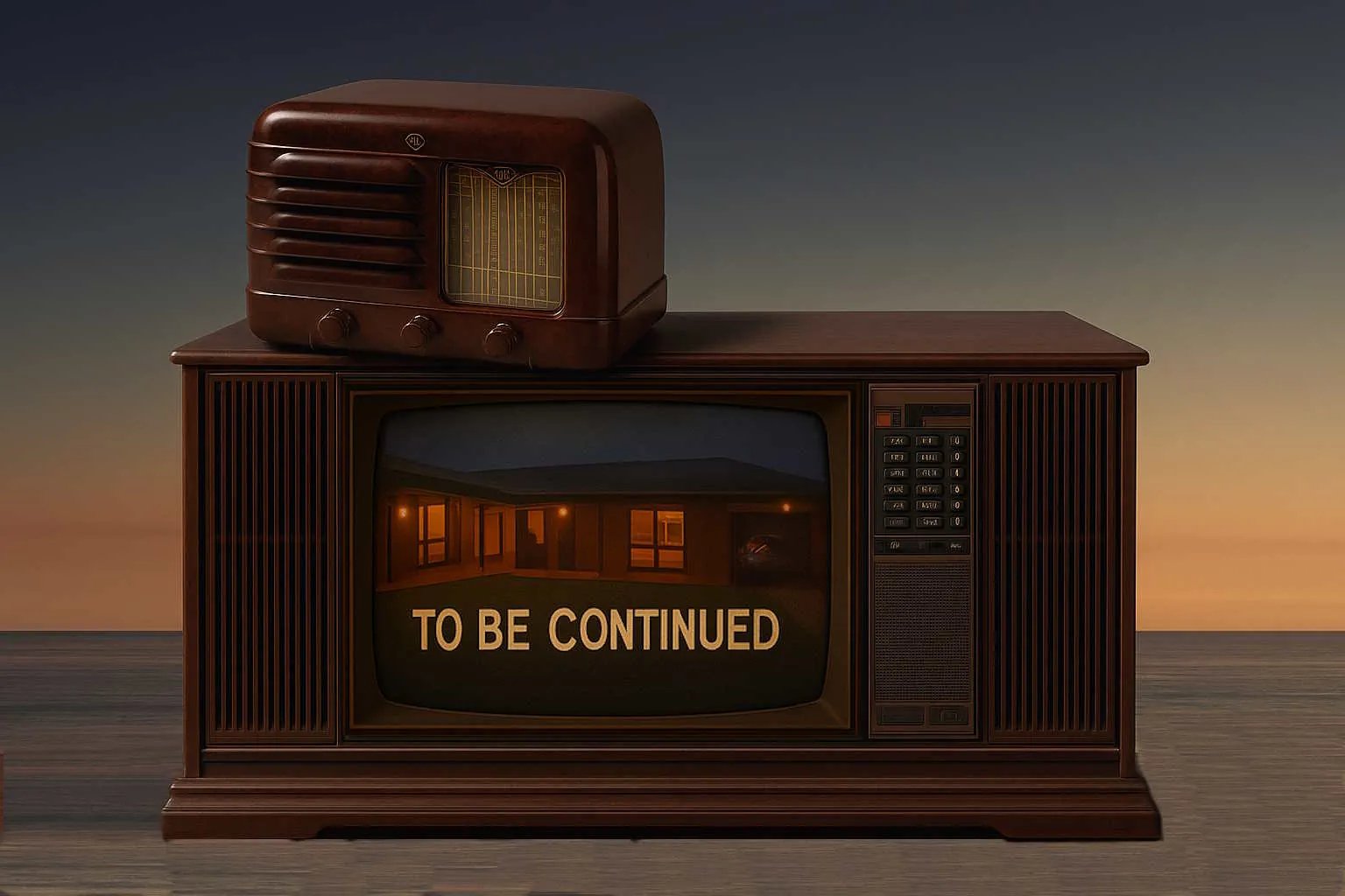 old fashioned radio and tv with sunset ocean backdrop