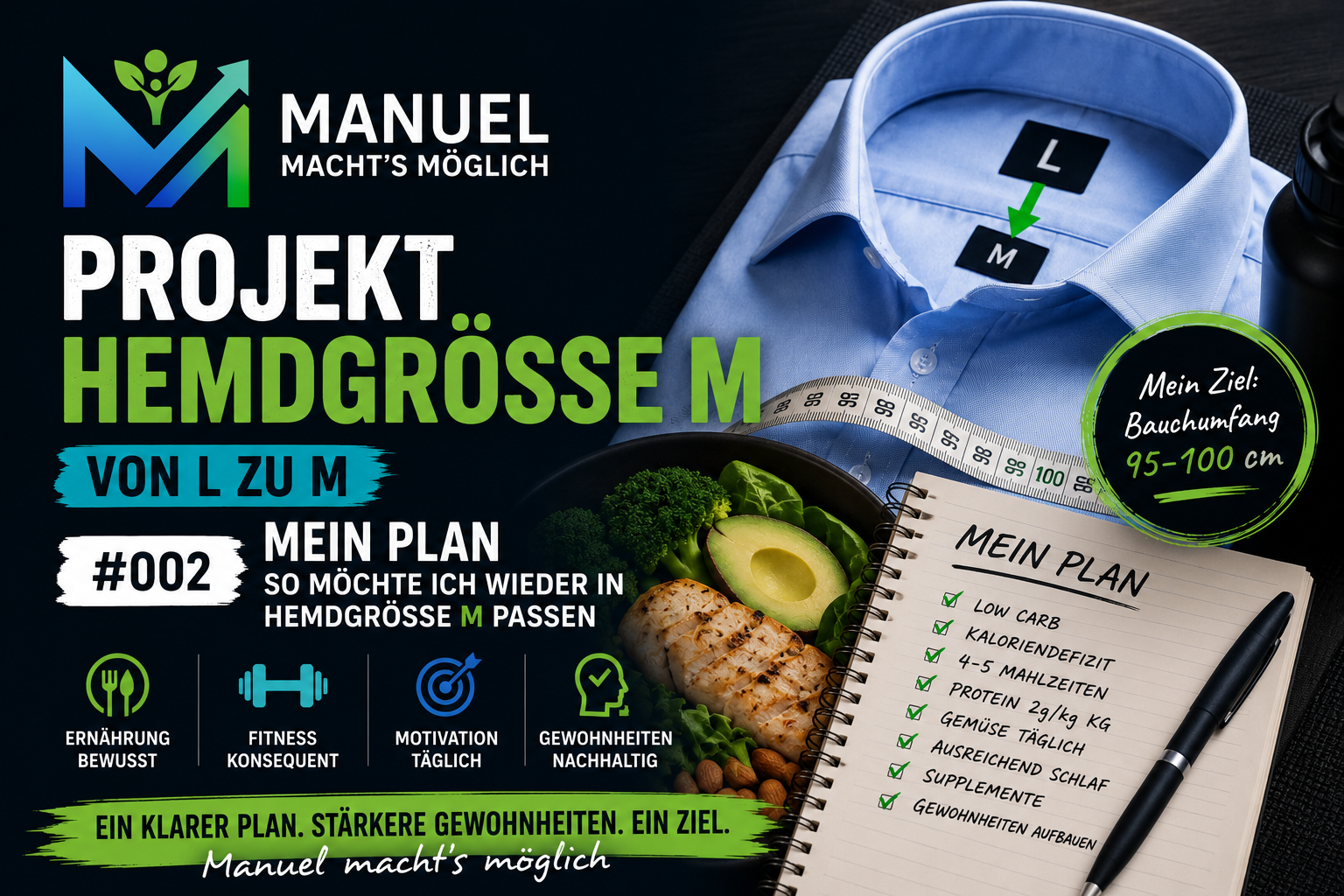 Projekt Hemdgröße M – Von L zu M: Mein Plan für nachhaltiges Abnehmen mit Low Carb und Motivation.