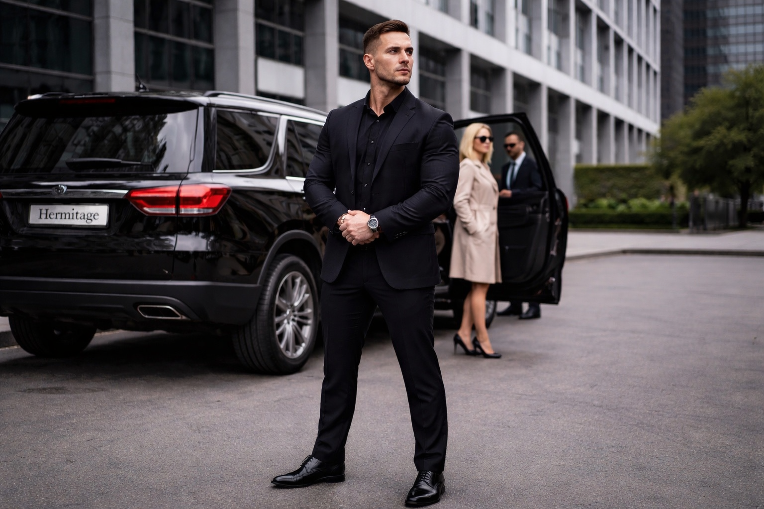 Professional bodyguard in a black suit providing executive protection service near a luxury SUV.