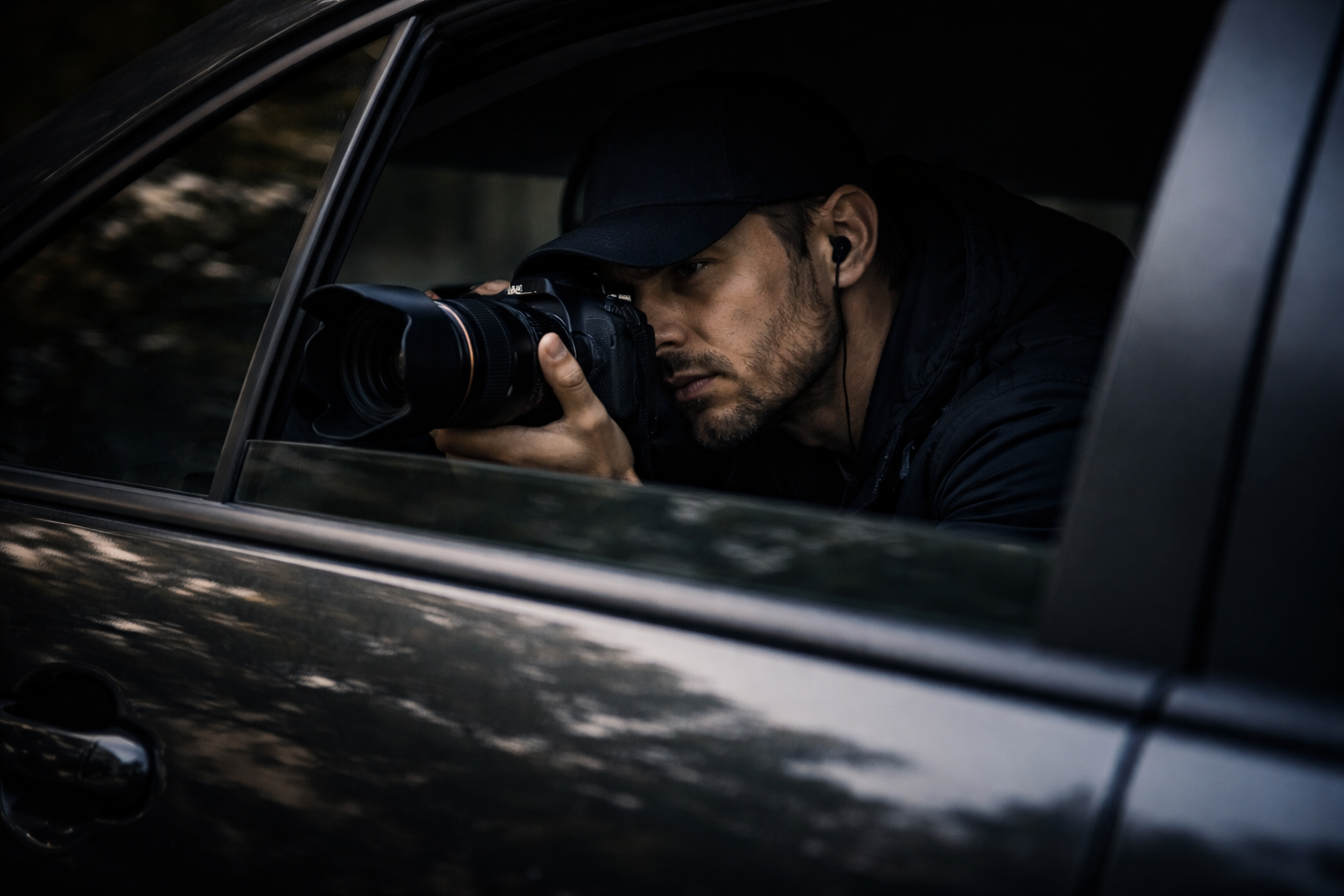 Private investigator in a dark car conducting surveillance with a DSLR camera and telephoto lens.