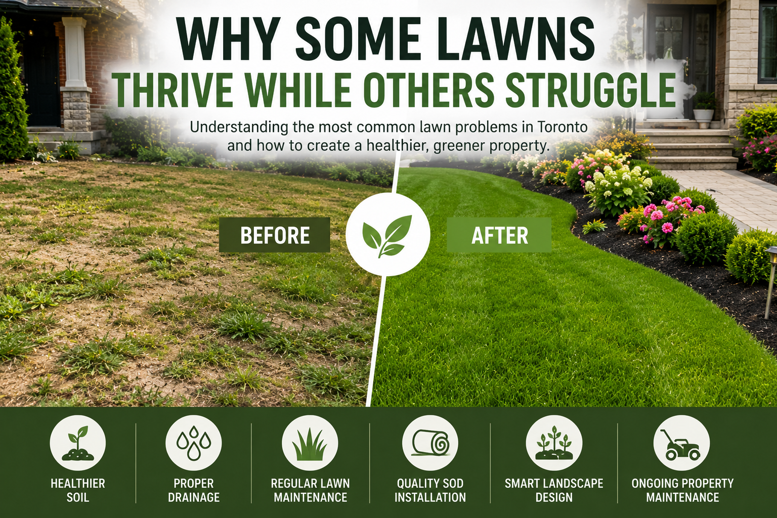 Before and after comparison of a patchy yard transformed into a lush green lawn using quality sod installation and