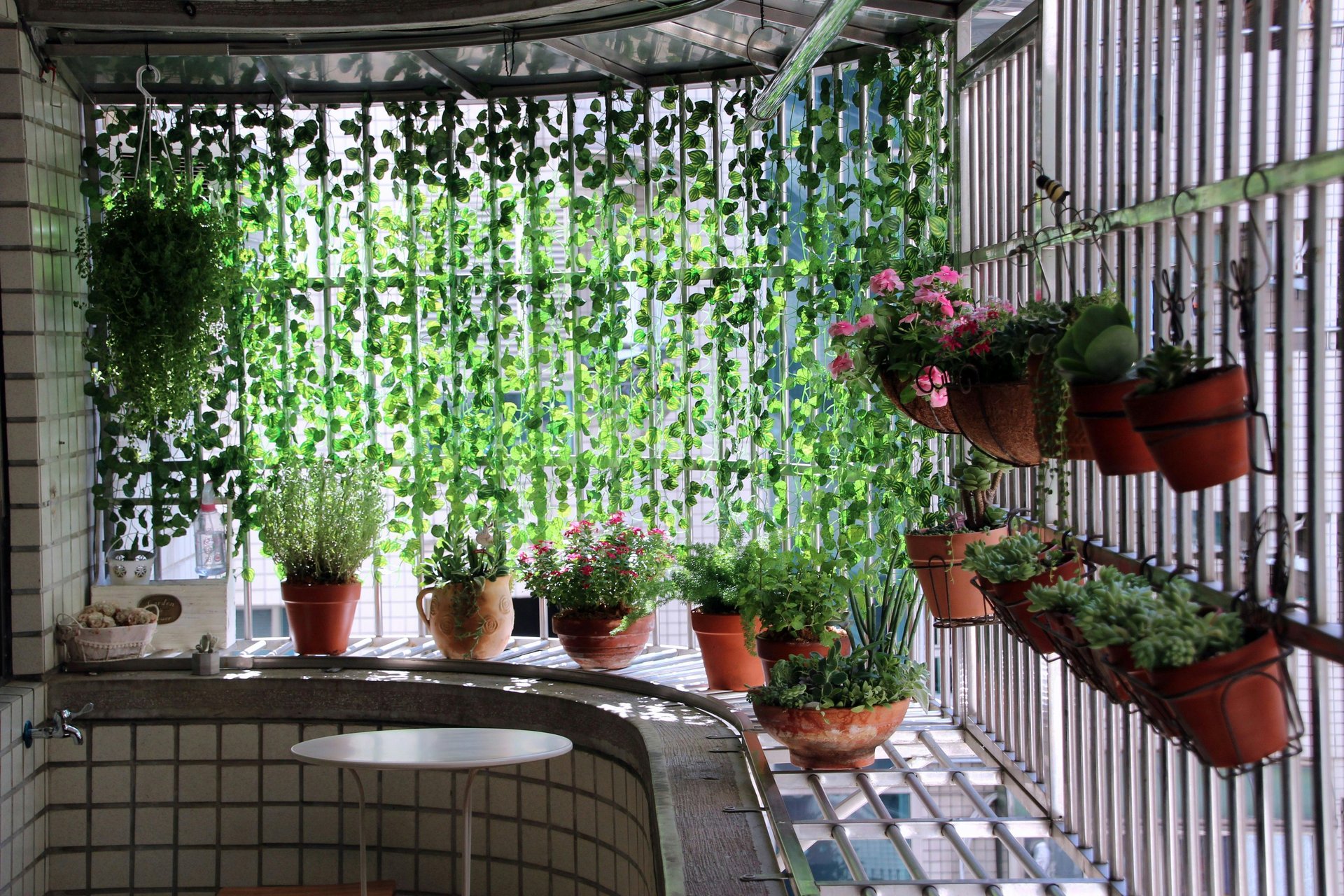 Balcony garden with hanging potted plants