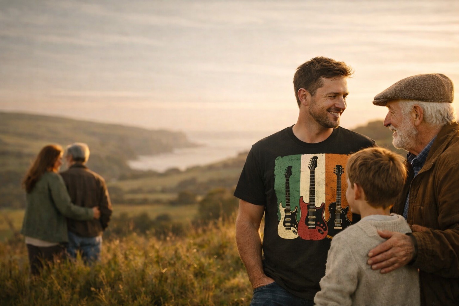 A happy multi-generational family enjoys a sunset view over a coastal valley landscape.