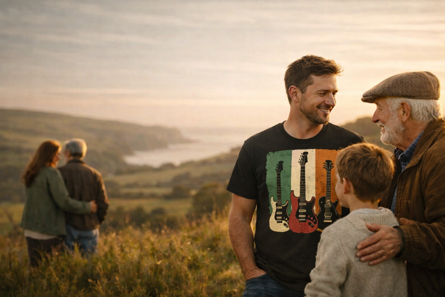 Multi-generational family standing on a hillside at sunset, featuring a man in a vintage guitar t-shirt.
