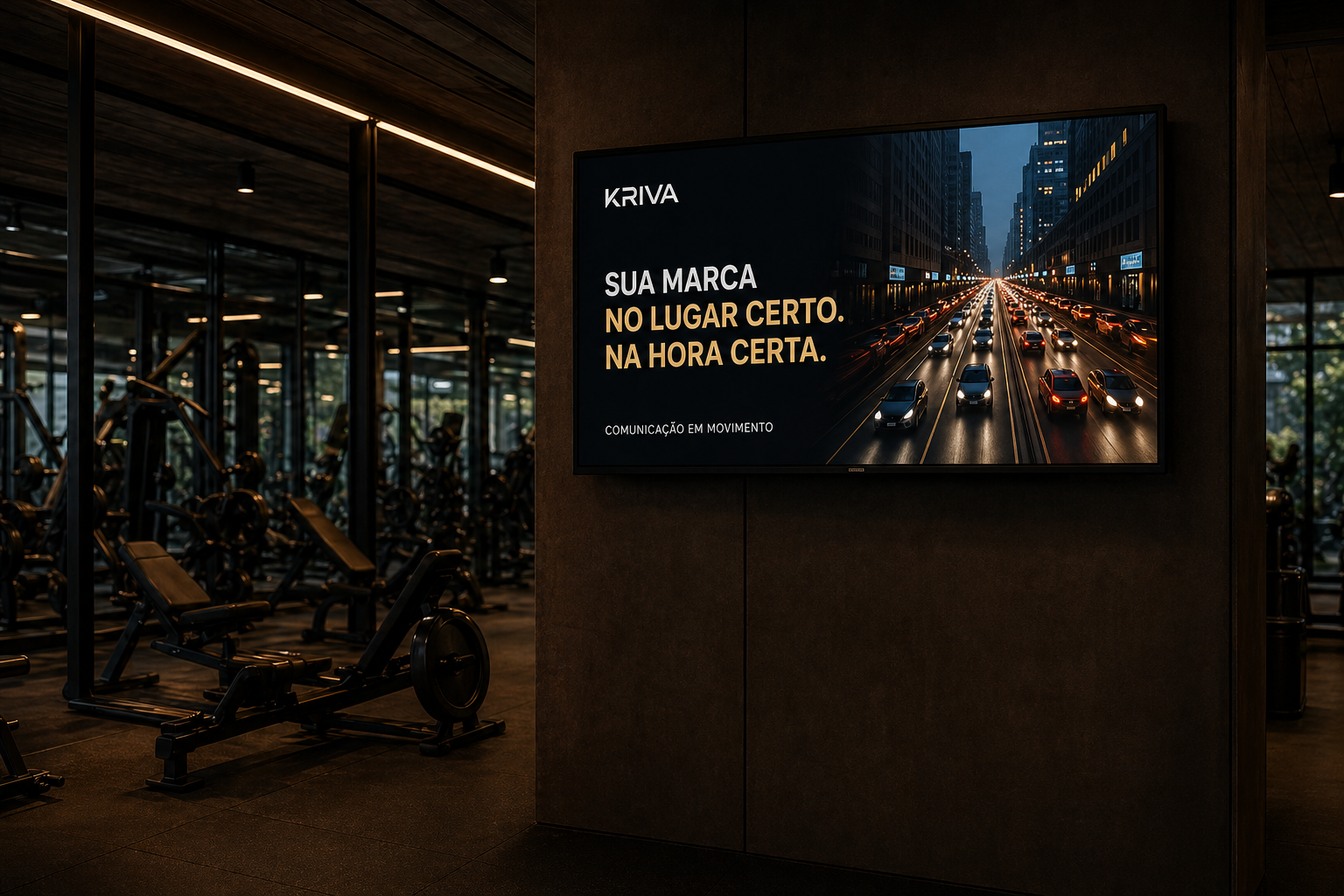 Tela com publicidade em academia com mídia indoor KRIVA